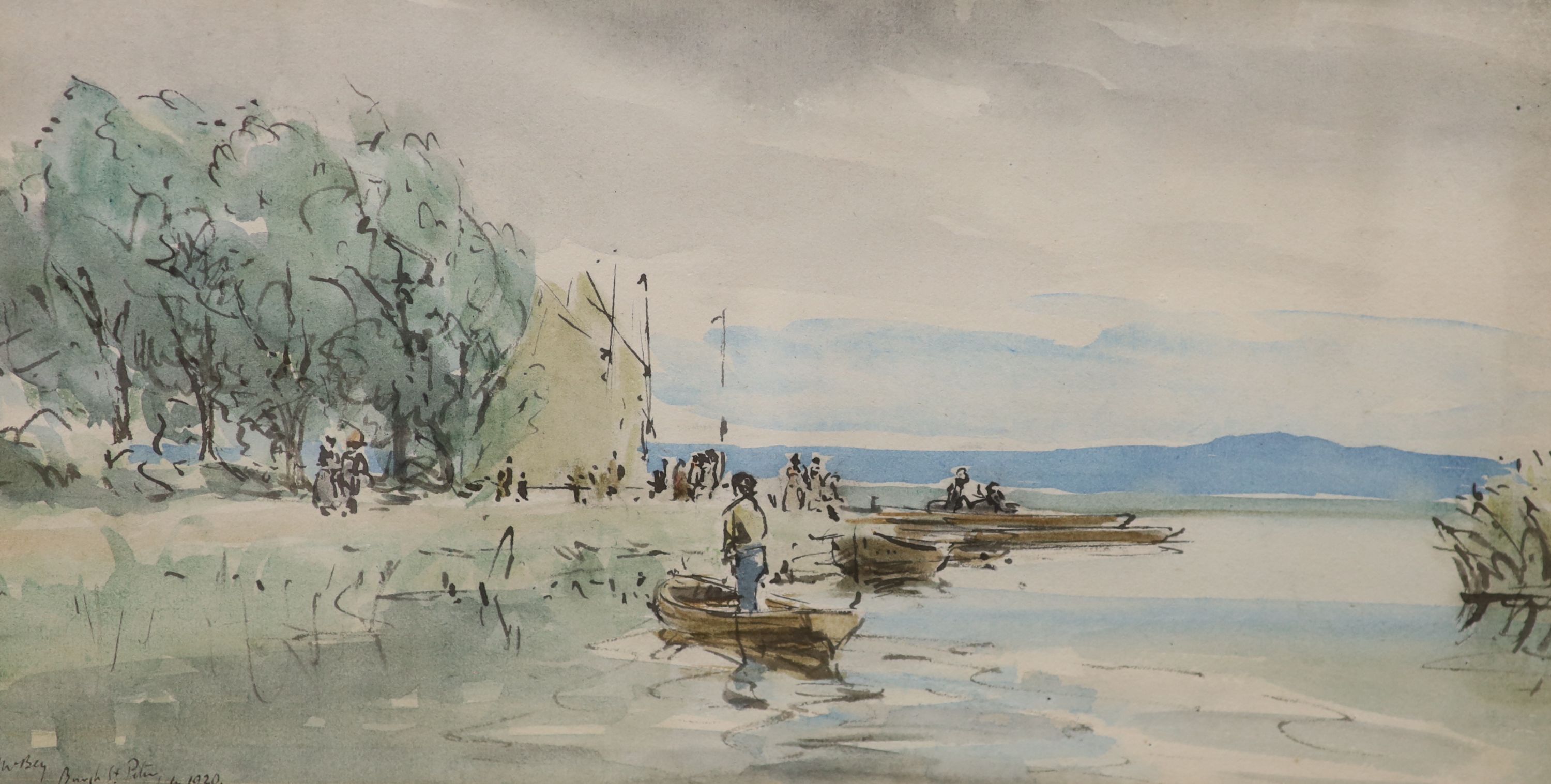 James McBey (1883-1959), watercolour, The Broads at Burgh St Peter, signed, titled and dated July 1920, artist label verso for J. Bennett & Sons and copy of Bonhams sale receipt Lot 238 October 2005, hammer price £750, 1